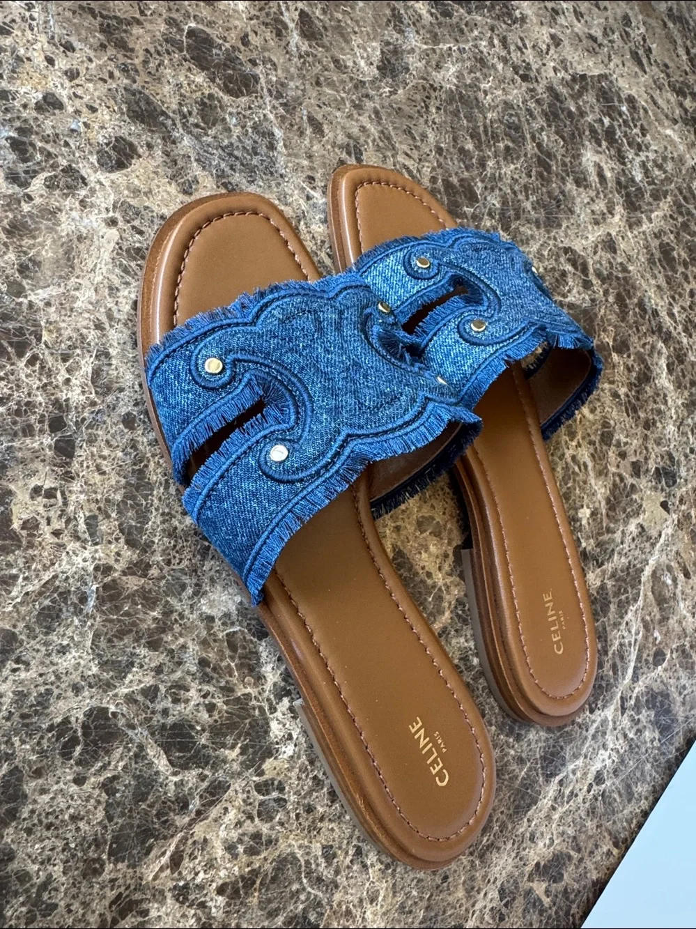 Celine Marina denim fringe sandal flats slides sz 39
